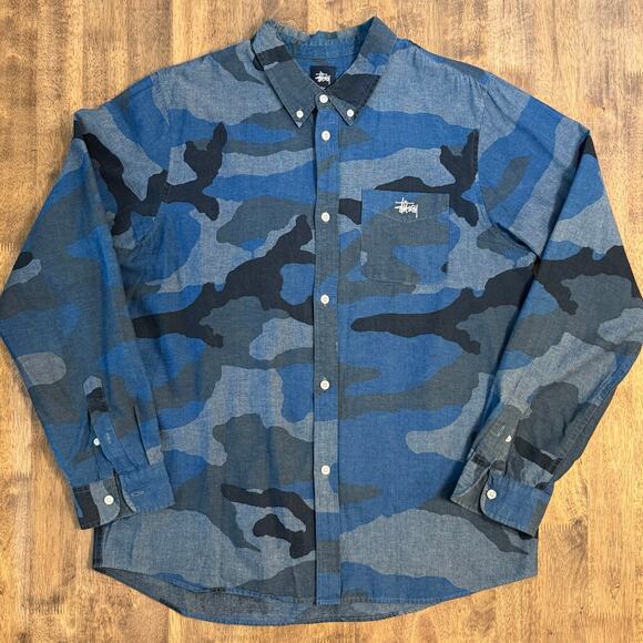 Stussy VTG Casual Button Front Shirt Blue Camouflage Long Sleeve Mens Size Large - Picture 3 of 11